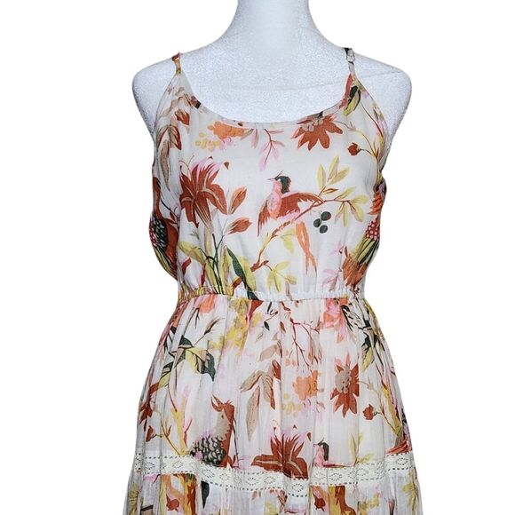 Ranee's Tropical Print Sleeveless Maxi Dress Tiered Pom Pom Trim Women's S/M - Picture 3 of 14